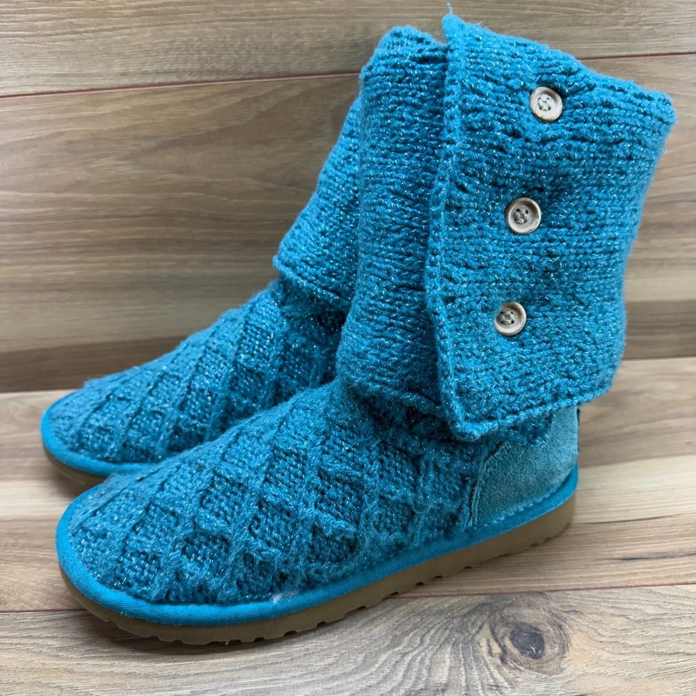 UGG Lattice Cardy Teal Shimmer Womens 6 Sweater Knit Pull On Boots Button